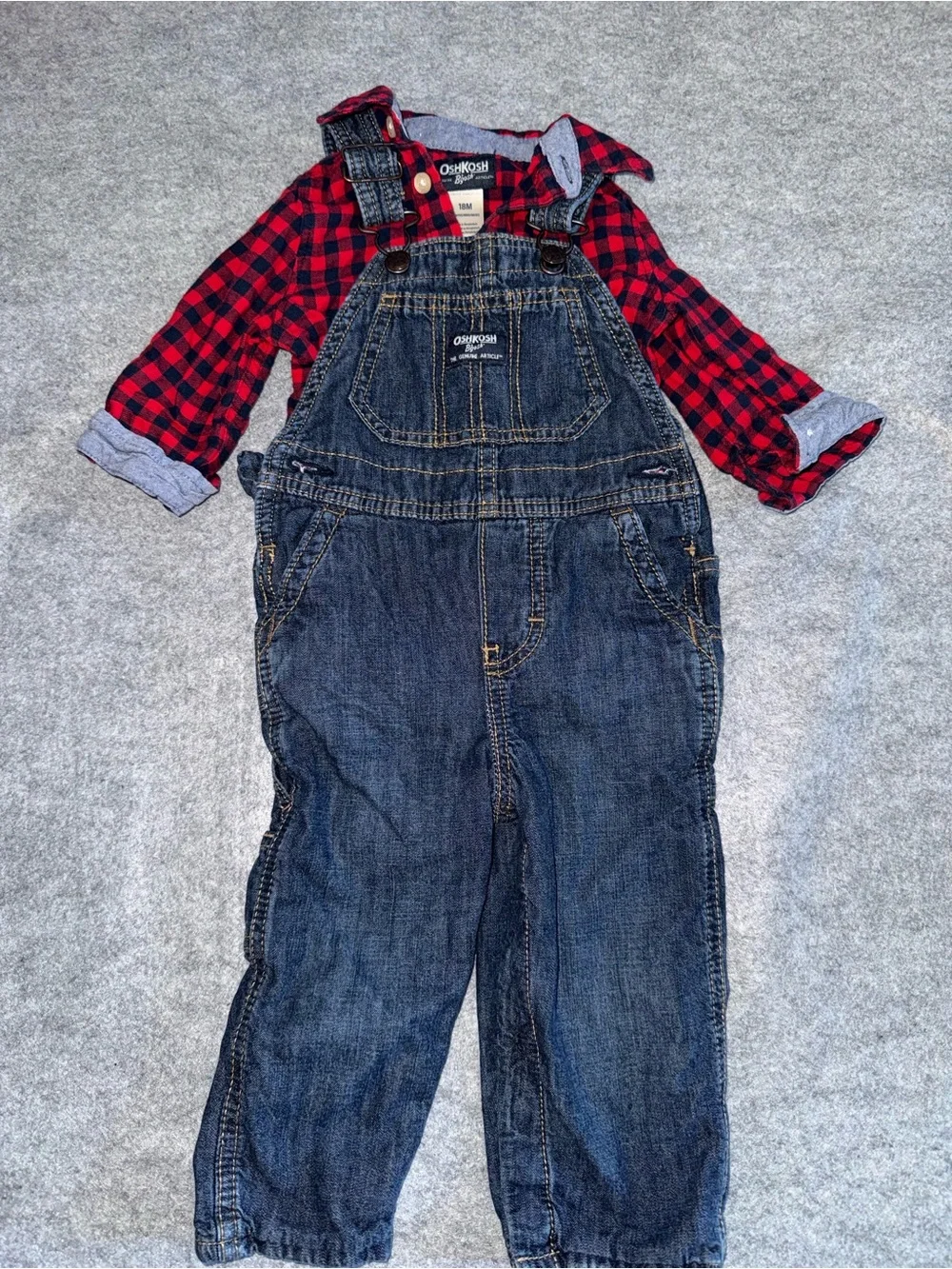 OshKosh B'gosh Dark Blue Denim Overalls with Red Plaid Shirt